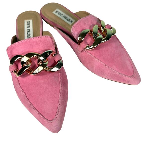 Steve Madden Chunky Gold Chain Pointed Toe Mule Barbie Pink Suede Size 6.5 - Picture 1 of 16